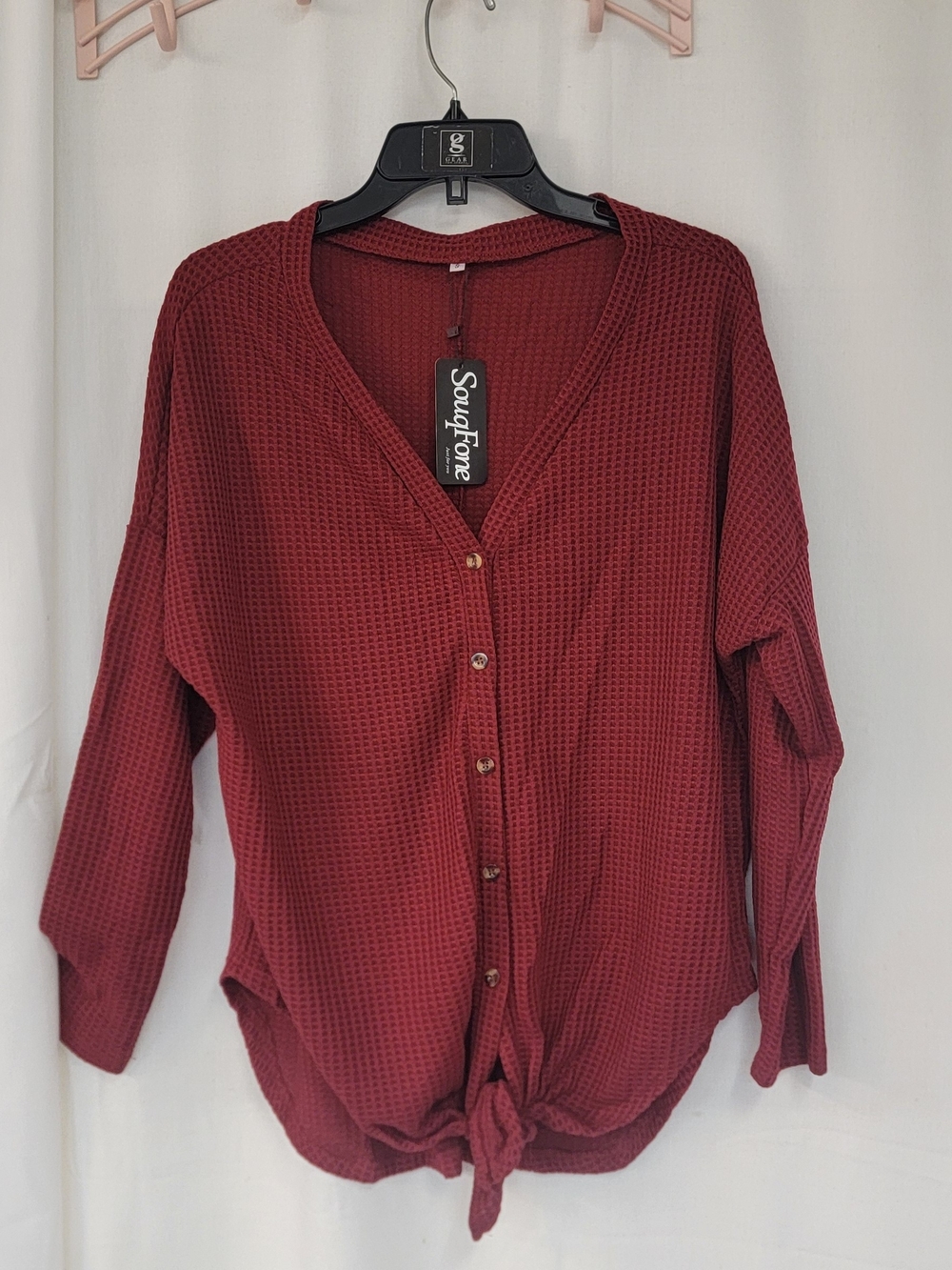 Women's Burgundy Button-Front Waffle Knit Shirt with Tie Hem